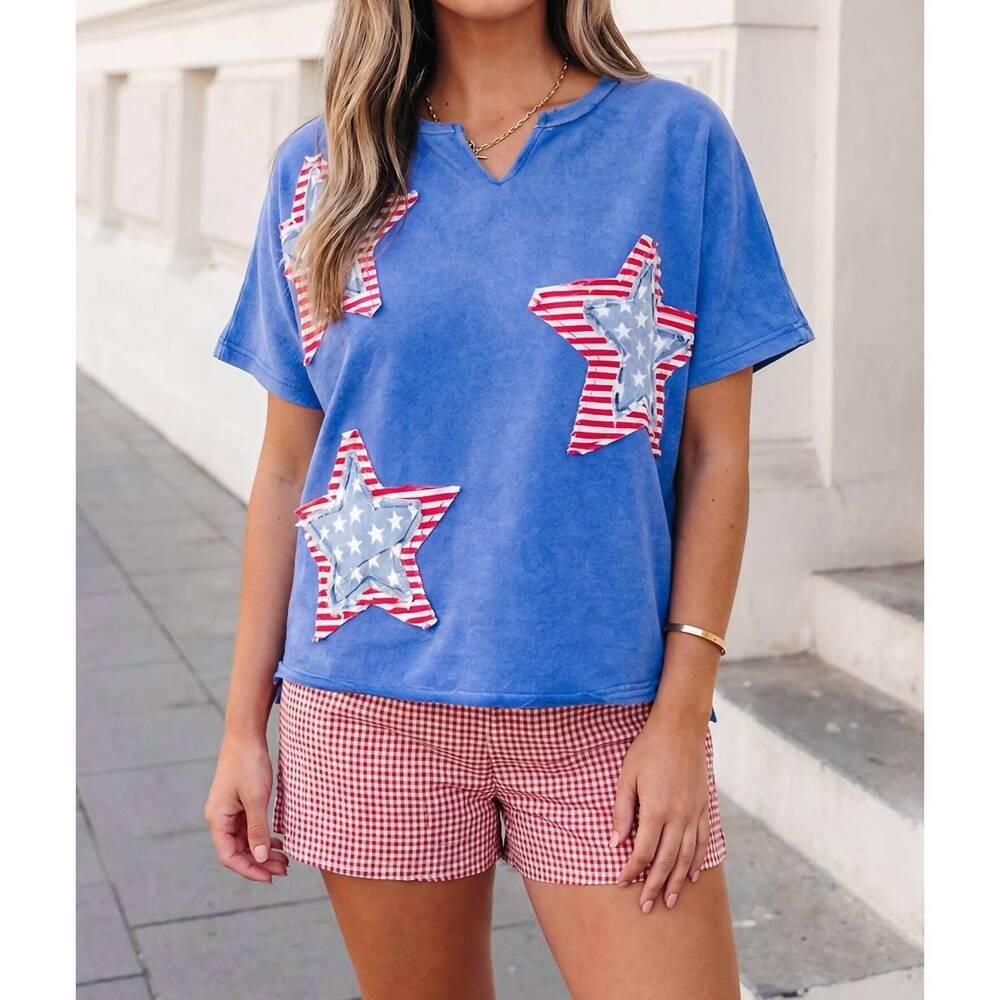 NEW AAPPARELLA flag day mineral washed star patch v neck tee in sky blue